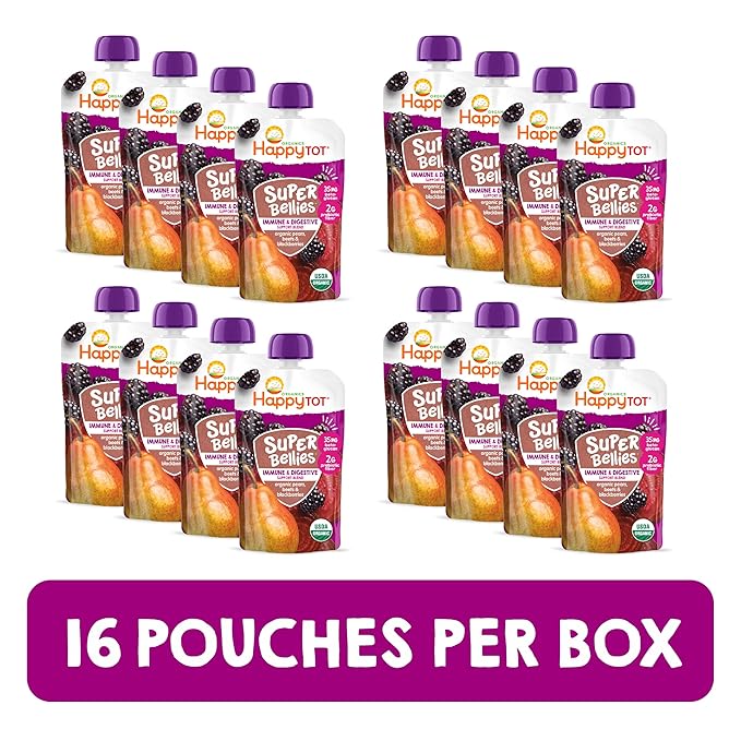Happy Tot Organics Stage 4 Baby Food Pouches, Gluten Free, Vegan Snack, Super Bellies, Fruit & Veggie Puree, Pears, Beets & Blackberries 4 Ounce (Pack of 16)