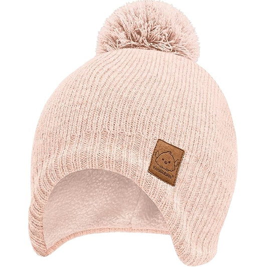 Baby Beanies, Baby Hats for Boys, Girls - Cute Toddler Winter Hat, Soft & Stretchy Beanies for Infant, Newborn 6-36 Months, Cozy & Warm with Earflap Muff & Pom (Blush)