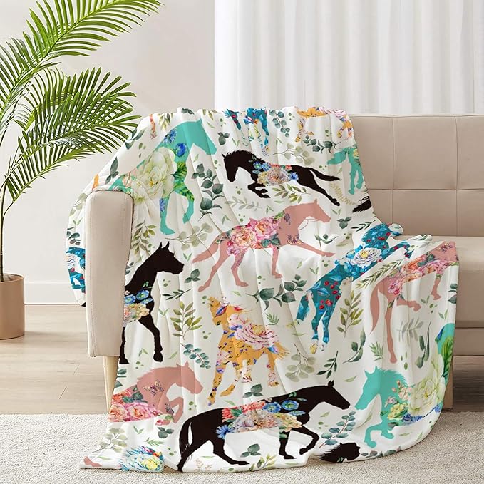 Colorful Floral Horse Blanket for Baby Girls Flowers Animals Throw Blanket for Boys, Lightweight Cute Horse Soft Flannel Blankets for Kids Gifts, 30x40 Inches
