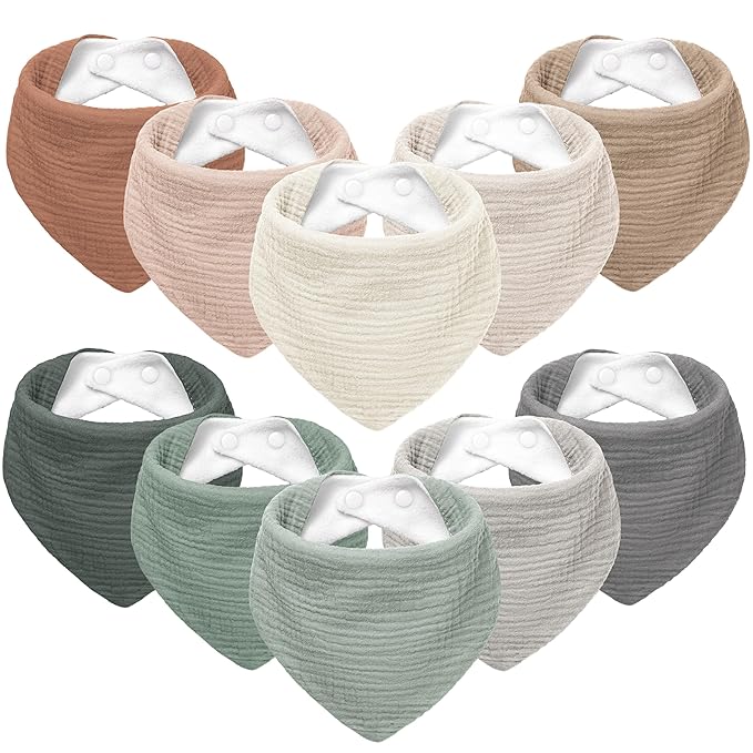 Susurration Muslin Baby Bibs 10Pack Baby Bandana Drool Bibs Soft Adjustable Newborn Bibs for Unisex Baby Girls & Boys (Greygreen)