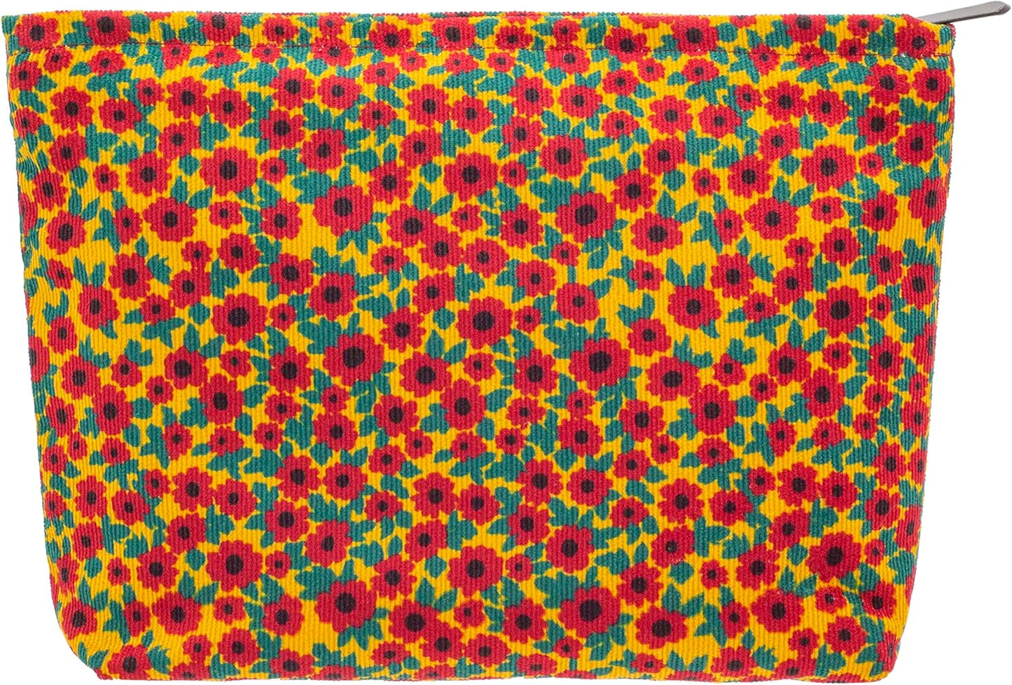 PAZIMIIK Makeup Bag Large Zipper Corduroy Make Up Pouch for Purse Travel Canvas Cosmetic Organizer for Women Brush Storage,Floral Red