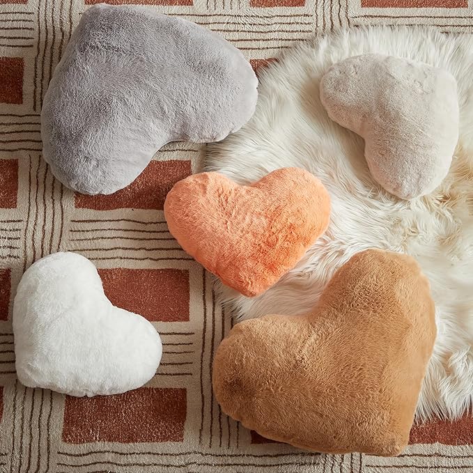 EastTree Heart Pillows, Beige Heart Shaped Pillows, Love Throw Pillows Gifts, Ultra Soft Faux Rabbit Fur Small Cute Pillows, Women Girls Kid Room Decor 10x13 Inch