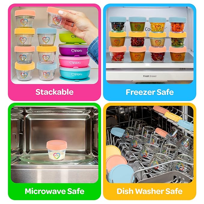 EVLAs Baby Food Containers 12-Pack - 4 oz Glass Jars with Lids - BPA-Free, Microwave, Freezer, and Dishwasher Safe Glass Baby Food Jars or Toddler Snack Containers for Kids Purees or Breastmilk