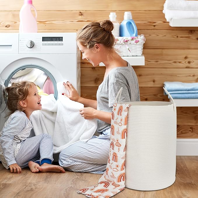 Cotton Rope Laundry Basket Hamper for Clothes Woven Storage Basket for Living Room Bedroom Boho Tall Rope Baskets for Blanket Toys Pillow Towels Baby Nursery Hamper Bin Large white