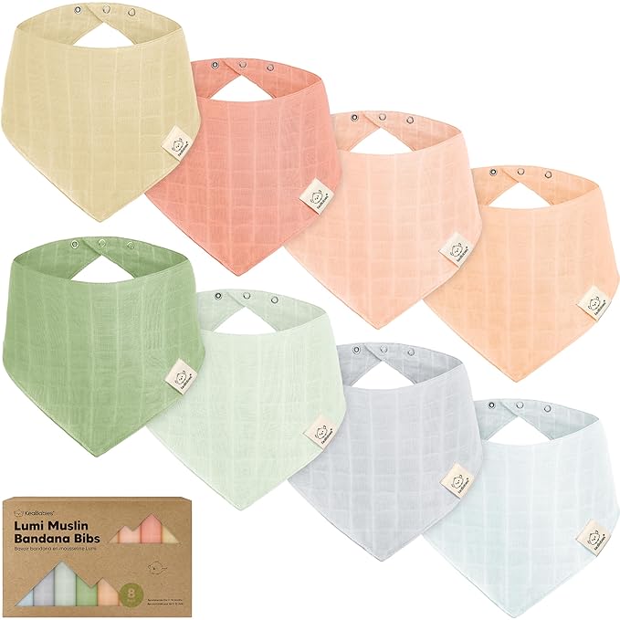 KeaBabies 8-Pack Muslin Baby Bibs for Boys, Girls - Muslin Bandana Drool Bibs for Baby Girl & Boy, Drooling Newborn, Teething Toddler, Infant 0-36 months, 100% Cotton Extra Absorbent & Soft (Dew)