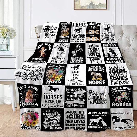 Horse Blanket for Adults,Black White Throw Blanket for Girls Boys Lightweight Animals Soft Cozy Flannel Blanket for Kids 90 * 120 Inches