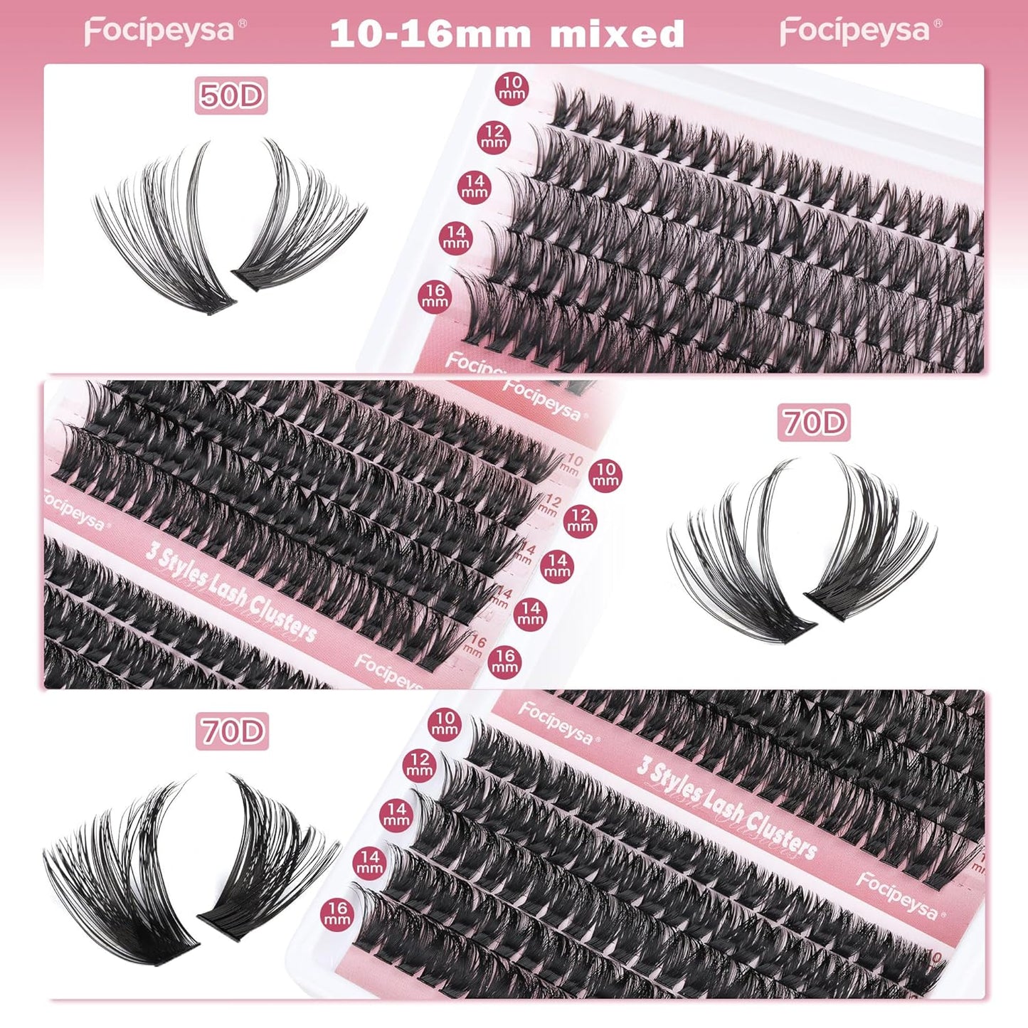 Focipeysa Eyelash Extension Kit 300pcs Lash Extensions 50D 70D 90D Eyelash Extension Full Volume Lash Clusters 10-16mm DIY Lash Extension with Waterproof Lash Bond and Seal for Makeup