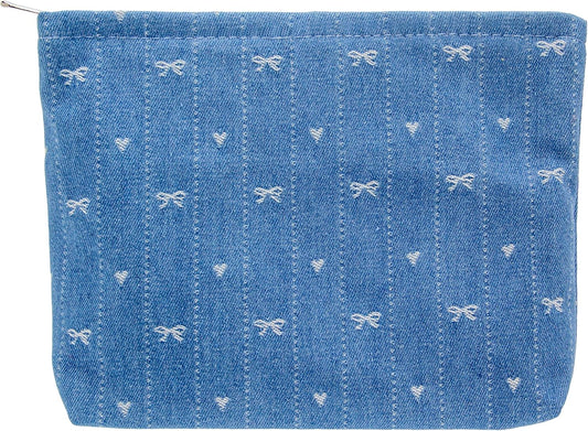 PAZIMIIK Makeup Bag Large Cotton Zipper Pouch for Purse Travel Canvas Make Up Organizer for Women Cosmetic,Jean Blue