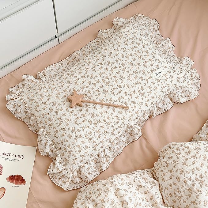 AOJIM Cotton Muslin Kids Toddler Pillowcase with Camellia Pattern Super Soft Baby Crib Pillowcase with Ruffle Edge, Machine Washable Floral Nursery Pillowcase for Boys Girls, Kids Room Decor, 14x20''